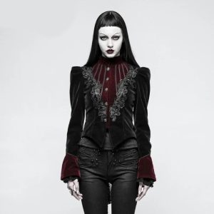 Crimson Twilight Gothic Velvet Jacket with Floral Lace and Flare Sleeves