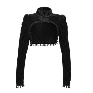 Gothic Vintage Black Cropped Jacket with Tassel Details and Mandarin Collar